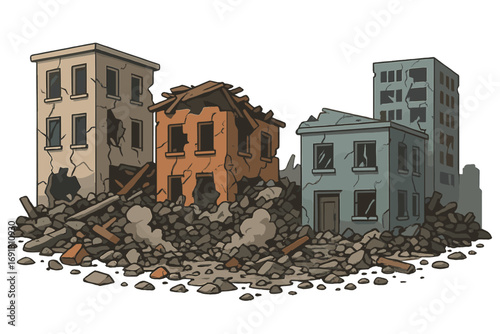 Ruined city buildings after disaster. Aftermath of war or earthquake with destroyed houses and debris. Concept of urban decay, apocalypse, and destruction. Cartoon vector.