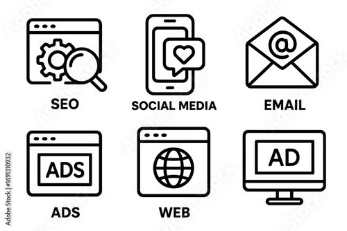 Digital marketing outline icon set. SEO, social media, email, web, and ads icons collection. Vector symbols for internet promotion, online business, and advertising strategy.