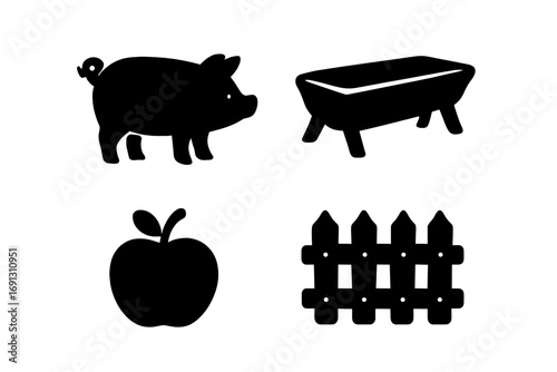 Farm animal silhouette icon set with pig, feeding trough, apple, and fence. Vector graphic symbols for agriculture, livestock, farming, and food concepts. Black simple pictograms.