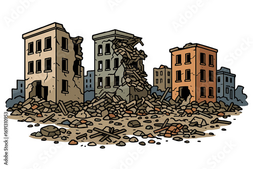 Destroyed city buildings in ruins after disaster. Urban destruction, war zone aftermath. Ruined houses and debris. Apocalypse concept. Cartoon vector on transparent background.