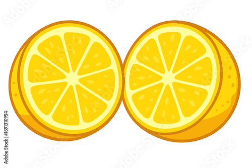 Two lemon slices vector icon. Juicy yellow citrus fruit cut in half, isolated. Fresh organic food graphic design element. Healthy eating concept for detox, diet, and lemonade.