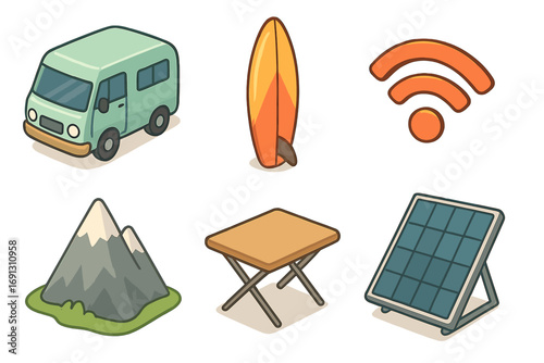 Isometric camping adventure icon set. Van life with camper, surfboard, wifi, mountain, table, and solar panel. Vector cartoon illustration for travel and outdoor recreation.