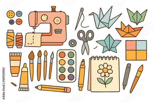 Creative hobbies icon set. Collection of craft tools for sewing, painting, origami. Art supplies for DIY, handmade projects. Vector illustration of workshop and creativity.