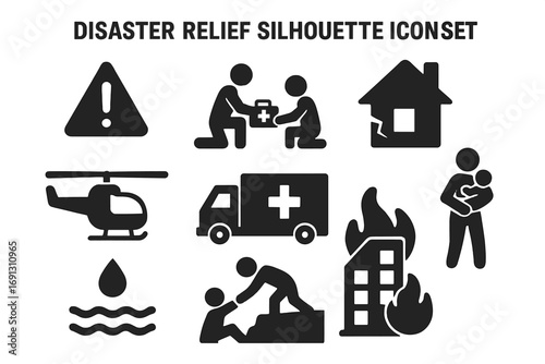 Disaster relief silhouette icon set. Emergency aid and rescue symbols collection. Vector illustration of humanitarian assistance, first aid, flood, fire, and victim support.