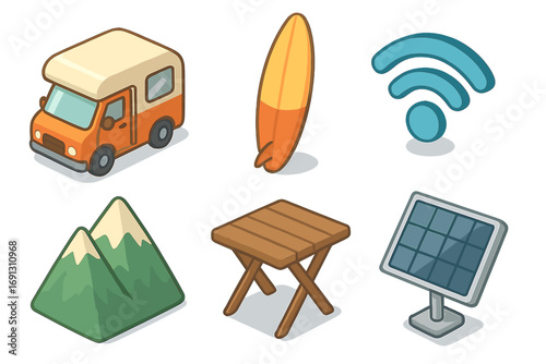 Van life adventure icon set for camping and travel. Isometric vector collection with camper van, surfboard, wifi, mountains, solar panel for digital nomad lifestyle concept.