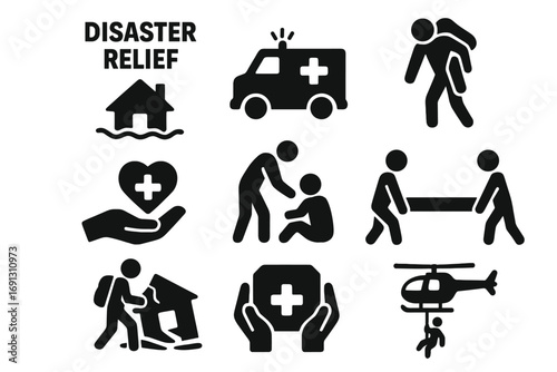 Disaster relief silhouette icon set. Emergency aid, rescue symbols. Vector collection for humanitarian crisis, natural disaster, flood, earthquake, medical support and evacuation.