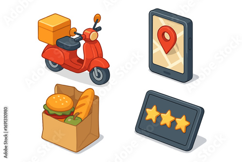 Isometric food delivery icon set. Vector concepts for online order, courier service with scooter, gps navigation tracking, grocery bag and customer review for mobile app.