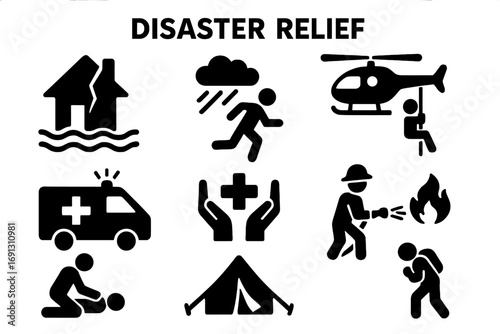 Disaster relief icon set for emergency aid and rescue. Symbols of natural disasters, flood, fire, earthquake. Humanitarian assistance, first aid, evacuation, and shelter vector icons.