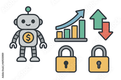 Fintech icon set with robot for AI automated investing and trading. Financial technology vector collection with growth chart, up and down arrows and padlock for security.