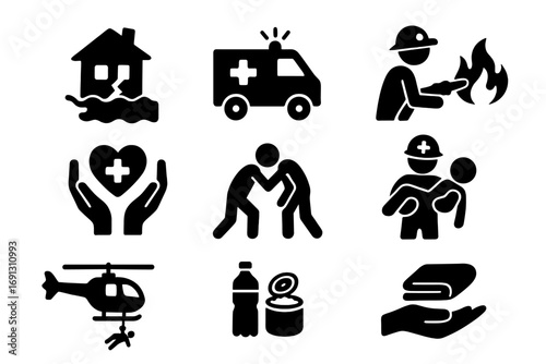 Disaster relief silhouette icon set. Emergency, aid, and rescue symbols. Humanitarian assistance, natural disaster, and crisis response vector graphics collection. Support.