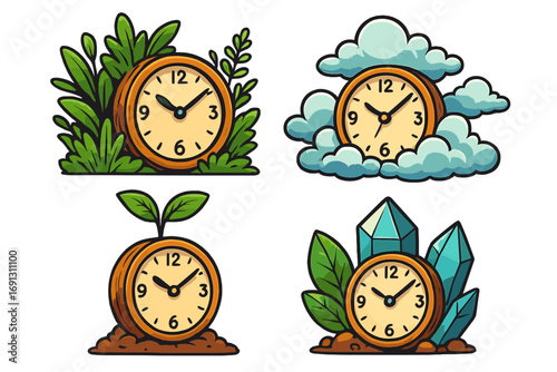 Time and nature vector icon set. Cartoon clock illustrations with plants, clouds, sprouting seed, and crystals. Concept of passing time, growth, and natural life cycles.
