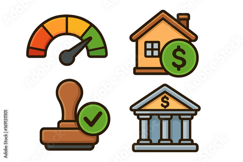 Financial icons set with credit score meter for mortgage pre-approval. Home loan, banking, and real estate symbols. Approved stamp for property investment and finance concepts.