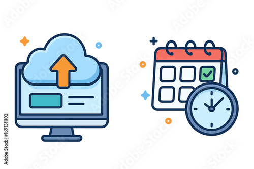 Cloud upload and calendar synchronization for time management. Business scheduling and planning concept. Workflow efficiency. Project management, productivity, deadline icon set.