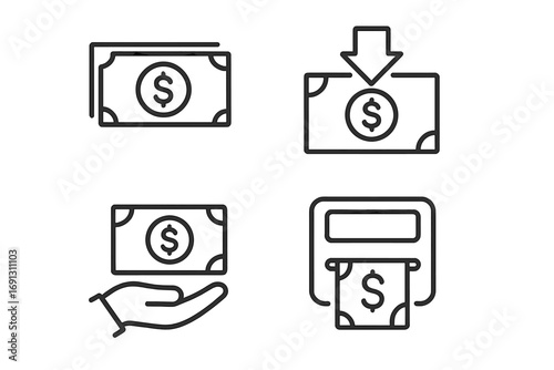 Minimalist line icon set for financial transactions. Vector symbols for money, cash payment, bank deposit, ATM withdrawal, and income. Business and finance concepts.