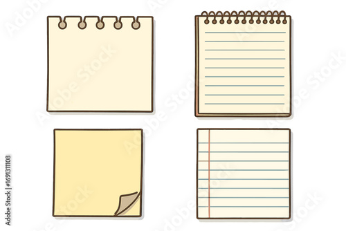 Set of paper notes. Collection of various notepads, lined paper, and sticky notes for writing and organization. Memo pad and notebook cartoon vector illustration for office.