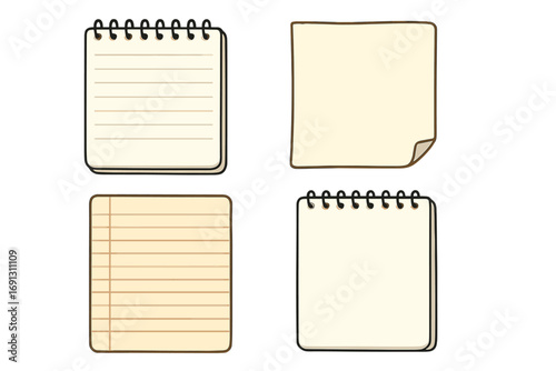 Set of blank paper and spiral notepads. Lined and unlined paper sheets for notes, writing, journaling, or lists. Memo pad and notebook vector cartoon illustration set.