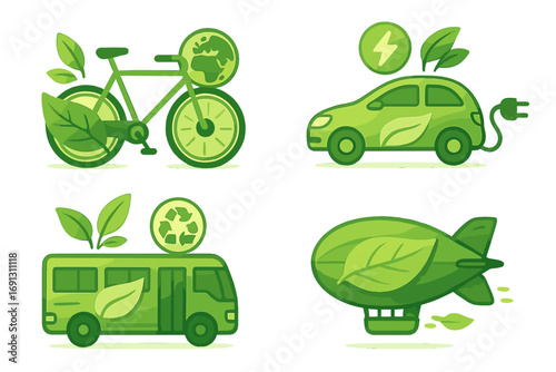 Ecological transport icon set. Green energy concept with eco-friendly electric car, bicycle, bus, and airship. Sustainable transportation vector illustrations for environmental design.