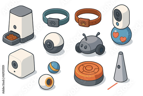Isometric pet gadgets collection. Smart devices for pets. Automatic feeder, activity tracker collar, pet camera, and interactive toys. Vector cartoon set. Modern pet care tech.