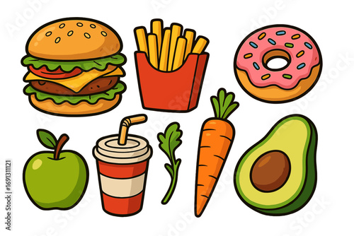 Healthy vs unhealthy food choice. Fast food and balanced diet nutrition concept. Vector cartoon set with burger, fries, donut, soda and apple, carrot, avocado icons.