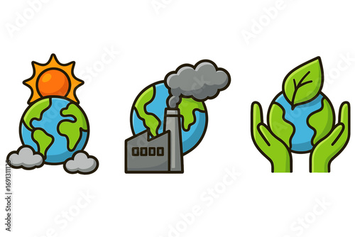 Climate change icon set vector cartoon illustration. Global warming, industrial pollution, and environmental protection concept. Ecology, save the planet, earth day graphic elements.