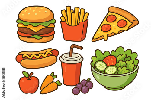 Fast food vs healthy food choice concept. Vector cartoon icon set with hamburger, pizza, fries, soda and hot dog against fresh salad, fruits and vegetables. Diet and nutrition.