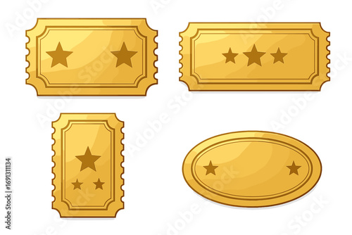 Set of golden tickets for event admission. Vector illustration of various gold ticket shapes for cinema, raffle, party, or VIP access. Entry pass and coupon collection.