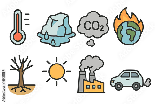 Climate change icon set. Global warming concept with temperature rise, melting ice, CO2 emissions, factory pollution, drought. Vector cartoon ecology symbols collection.