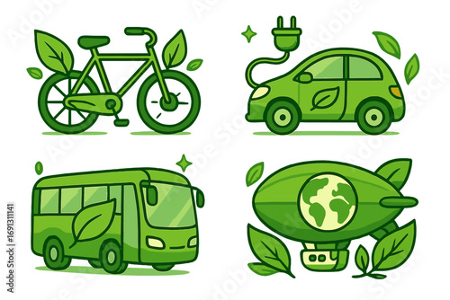 Eco-friendly transport concept set. Green energy vehicles vector illustration. Electric car, bicycle, bus, and airship for sustainable travel and clean environment concept.