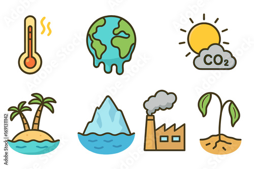 Climate change icon set. Global warming signs like melting earth and iceberg. CO2 emissions, factory pollution, temperature rise. Vector ecology cartoon illustration symbols.