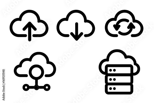 Cloud computing icon set vector pack. Line symbols for upload, download, sync, data transfer. API interface, web hosting, server and online database technology concept.