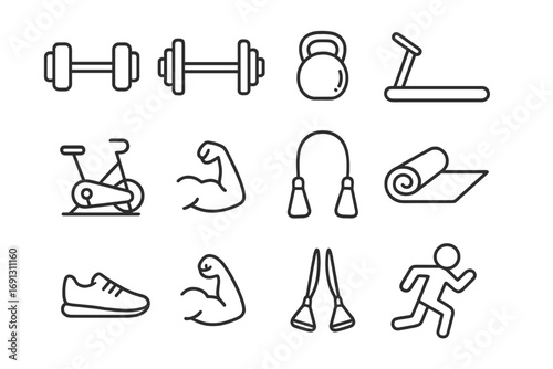 Fitness and gym line icon set. Workout and exercise equipment symbols. Vector illustration collection with dumbbell, kettlebell, treadmill, yoga mat, biceps and running icons.