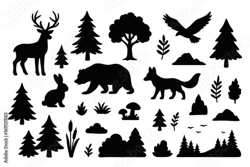 Forest animals and trees silhouette set. Vector collection of wildlife icons with deer, bear, fox, and eagle. Nature elements for design. Black woodland clip art bundle.
