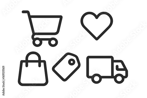 E-commerce minimalist line icon set for web and app design. Vector symbols for online shopping, cart, wishlist, purchase, sale tag, and fast delivery truck service.