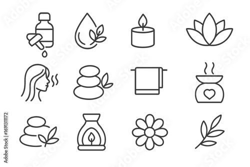 Aromatherapy and essential oils outline icon set. Wellness, spa, and health concepts. Collection of vector symbols for beauty, relaxation, meditation, and self-care.