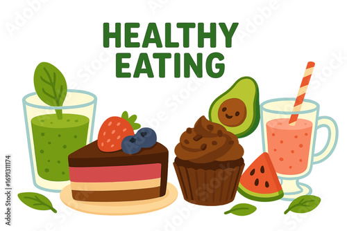 Healthy eating concept with delicious plant-based desserts and drinks. Vector cartoon illustration of vegan cake, cupcake, green smoothie, avocado, and fruits for a healthy lifestyle.