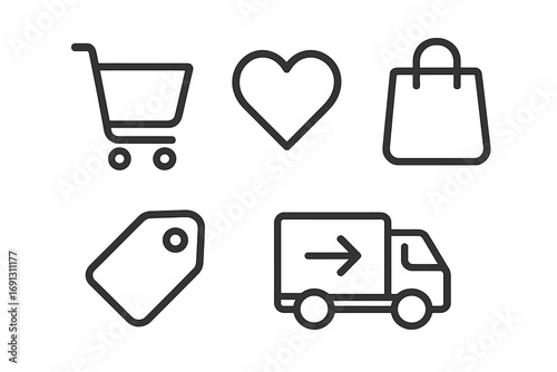 E-commerce icon set for online retail and web store. Vector line icons: shopping cart, delivery truck, purchase bag, price tag, and favorite heart. UI UX elements.