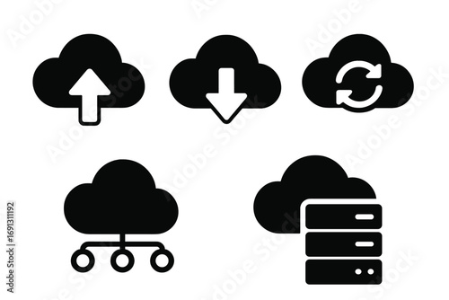 Cloud computing icon set with upload, download, and sync symbols. Vector silhouettes for data storage, server connection, database access, and API interface concepts.
