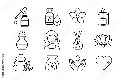Essential oils and aromatherapy line icon set. Wellness, spa, and health icon collection. Concepts for relaxation, meditation, beauty, skincare, and natural cosmetics.
