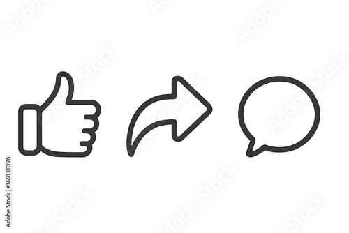 Social media icons set for engagement. Like, comment, share symbols. Thumbs up, speech bubble, and reply arrow. Minimalist line art vector illustration for web and app.