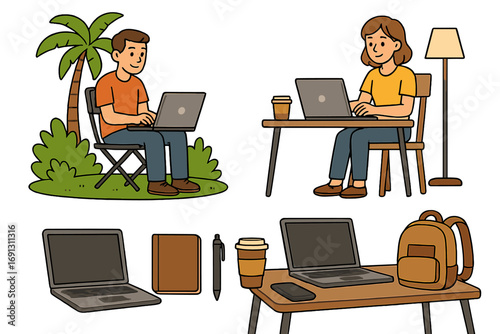 Digital nomad lifestyle vector elements set. Man and woman working on laptop computer. Remote work, freelance job, travel and work concept. Cartoon workspace illustration.