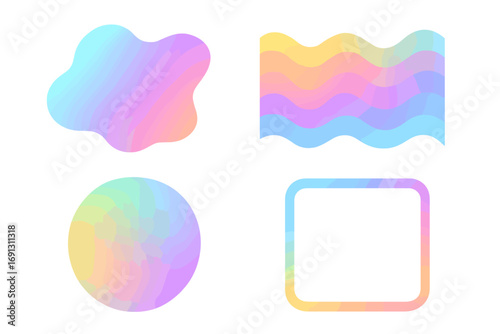 Set of abstract gradient shapes. Collection of colorful pastel holographic fluid blobs, waves, circle and frame. Modern trendy y2k style vector design elements for web.