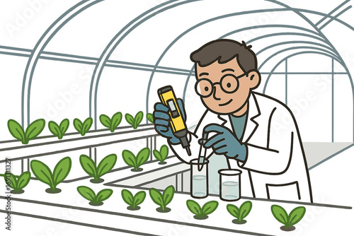 Scientist in greenhouse testing water pH for hydroponics system. Concept of smart farming, biotechnology, agricultural research, and soilless cultivation. Vector cartoon illustration.