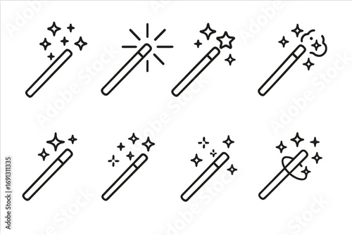 Magic wand outline icon set. Simple linear vector collection. Wizard or fairy stick with sparkling stars and shiny miracle effects. Concept of magic, trick, illusion, fantasy.