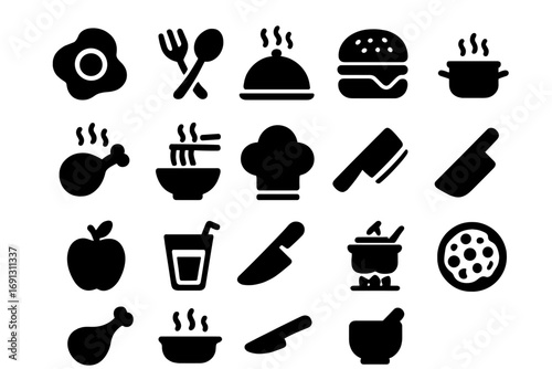 Food cooking solid icon set. Culinary glyph collection for restaurant menu, kitchen, and gastronomy. Vector pictograms like burger, pizza, chicken, noodles and chef hat.