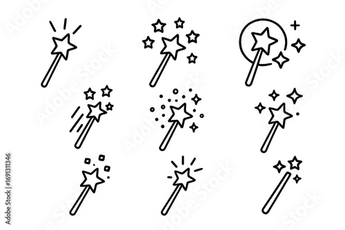 Magic wand line icon set. Simple outline vector symbols. Magician, wizard or fairy stick with stars and sparkles. Fantasy, wish, miracle, magic trick concept illustration.
