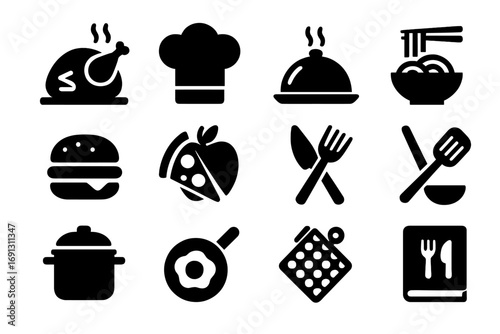Food and cooking solid glyph icon set. Culinary symbols for kitchen, restaurant menu, and chef. Vector collection with chicken, burger, noodles, pot, pan and cutlery.