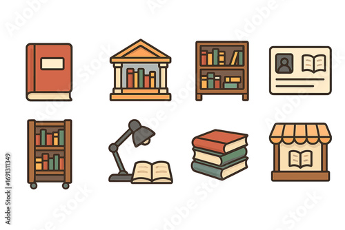 Library and bookstore icons set. Vector cartoon illustration for education, reading, and learning concepts. Bookshop, bookshelf, literature, study, and knowledge symbols.