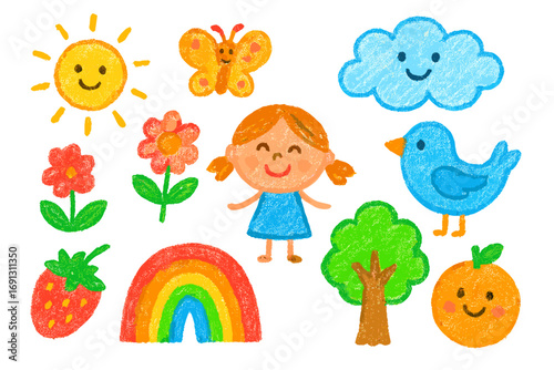 Cute kids drawing set with crayon texture. Happy girl, sun, rainbow, flower, tree, bird and butterfly. Childlike doodle collection for kindergarten. Vector cartoon illustration.