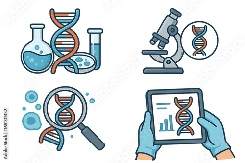 Genetic research icon set. DNA analysis in lab with microscope, test tube. Gene engineering and biotechnology concept. Scientist studies helix structure. Medical biology study.