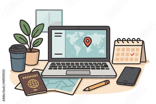 Travel planning concept. Digital workspace for booking a trip or vacation. Desk with laptop showing map location, passport, calendar and phone. Remote work essentials.
